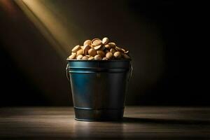 a bucket filled with peanuts on a table. AI-Generated photo