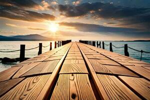 a wooden pier stretching out into the ocean at sunset. AI-Generated photo