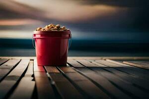 a bucket of peanuts sitting on a wooden table. AI-Generated photo