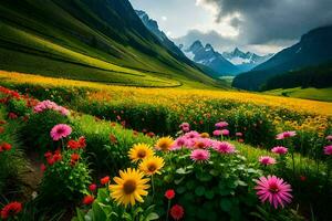 un hermosa campo de flores en el montañas. generado por ai foto