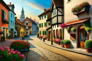 an illustration of a street in a european town. AI-Generated photo