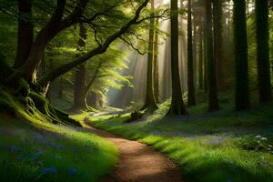 a path through a forest with bluebells and trees. AI-Generated photo
