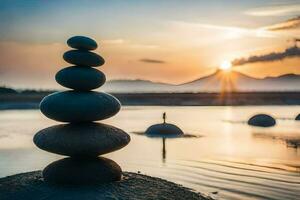 a stack of stones in the water at sunset. AI-Generated photo