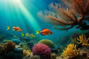 photo wallpaper sea, coral, fish, sun, rays, rays of light, rays of light. AI-Generated