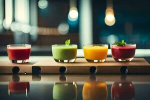 a row of four different colored drinks on a wooden tray. AI-Generated photo