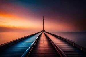 un largo exposición foto de un muelle a puesta de sol. generado por ai