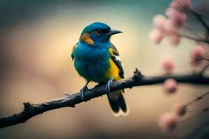 a colorful bird sits on a branch with pink flowers. AI-Generated photo