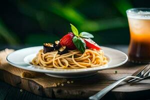 un plato de pasta con fresas y albahaca hojas. generado por ai foto