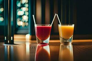 two glasses of juice sit on a table. AI-Generated photo