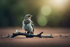 un pájaro sentado en un rama en el suciedad. generado por ai foto