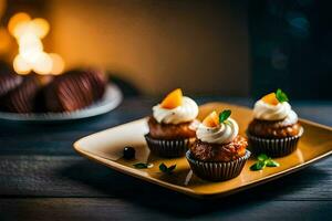 three cupcakes on a plate with a candle in the background. AI-Generated photo