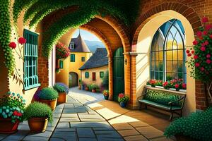 an illustration of a courtyard with flowers and plants. AI-Generated photo