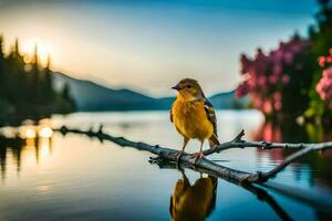 a yellow bird sits on a branch in front of a lake. AI-Generated photo