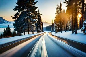 a snowy road in the mountains with the sun setting. AI-Generated photo