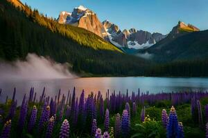 el lago y flores en el montañas. generado por ai foto