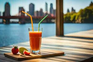 a glass of juice with a straw and a slice of fruit on a wooden table. AI-Generated photo