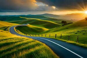 the sun sets over a winding road in the middle of a green field. AI-Generated photo