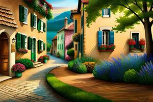 a painting of a street with flowers and flowers. AI-Generated photo