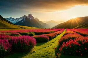 a field of flowers and mountains at sunset. AI-Generated photo