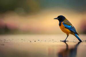 a small bird is standing on the wet ground. AI-Generated photo