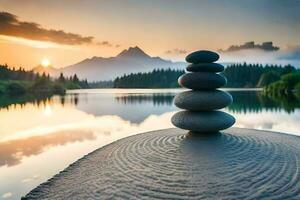 zen stones stacked on top of each other in front of a lake. AI-Generated photo