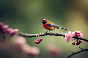 a colorful bird sits on a branch with pink flowers. AI-Generated photo