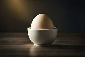 an egg in a cup on a table. AI-Generated photo