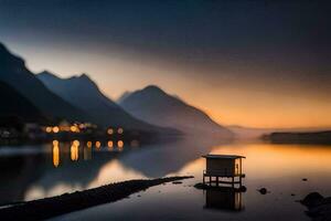 a small house sits on the shore of a lake at sunset. AI-Generated photo