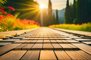 a wooden walkway with the sun shining through it. AI-Generated photo