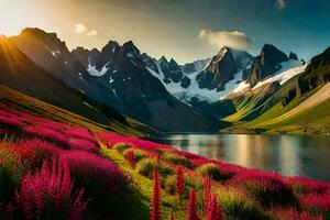 the sun shines on a lake and pink flowers in the mountains. AI-Generated photo