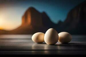 three eggs on a table with mountains in the background. AI-Generated photo