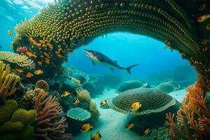 a fish swims through an arch of corals. AI-Generated photo