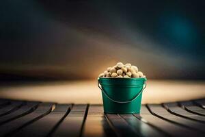 a bucket of peanuts on a wooden table. AI-Generated photo