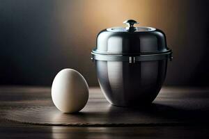 an egg and a silver container on a table. AI-Generated photo