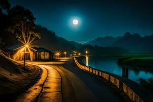 photo wallpaper the moon, road, night, river, mountains, house, house, the moon. AI-Generated