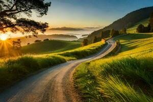 a road winding through a green valley at sunset. AI-Generated photo