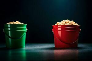 two buckets of peanuts on a dark background. AI-Generated photo