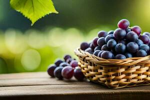 grapes in a basket on a wooden table. AI-Generated photo