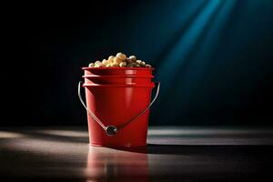 a red bucket filled with popcorn on a dark table. AI-Generated photo