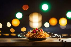 a plate of pasta on a table in front of a cityscape. AI-Generated photo