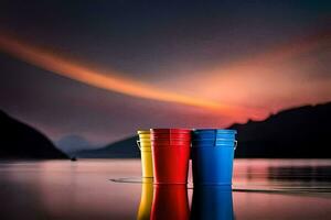 Tres rojo tazas sentado en el borde de un lago. generado por ai foto