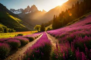 el Dom brilla terminado un campo de lavanda flores generado por ai foto