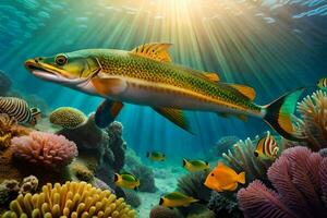 an underwater scene with a fish swimming over coral reefs. AI-Generated photo