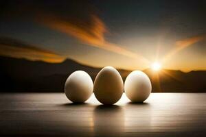 Tres huevos son sentado en un mesa con el Dom ajuste detrás a ellos. generado por ai foto
