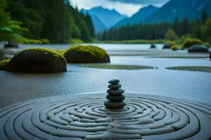 a stone labyrinth in the middle of a lake. AI-Generated photo