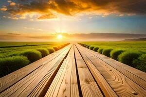 a wooden walkway leads to a sunset over a field. AI-Generated photo