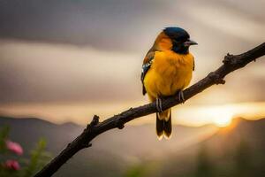a bird sits on a branch in front of a sunset. AI-Generated photo