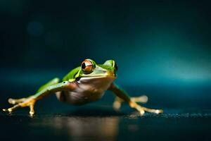 un rana es en pie en un oscuro superficie. generado por ai foto