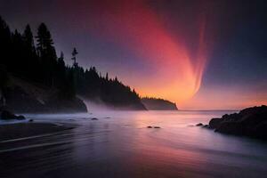 un vistoso puesta de sol terminado el Oceano con arboles y rocas generado por ai foto