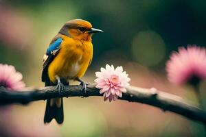 a bird sitting on a branch with pink flowers. AI-Generated photo